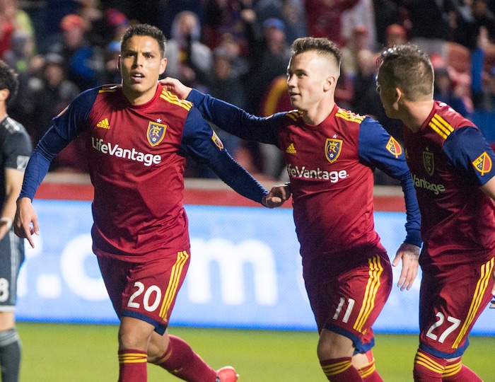(Rick Egan  |  The Salt Lake Tribune)      Real Salt Lake midfielder Luis Silva (20) celebrates his goal along with Real Salt Lake midfielder Albert Rusnak (11) and Real Salt Lake forward Corey Baird (27), in MLS action between Real Salt Lake and Vancouver Whitecaps, at Rio Tinto Stadium beSaturday, April 7, 2018.


