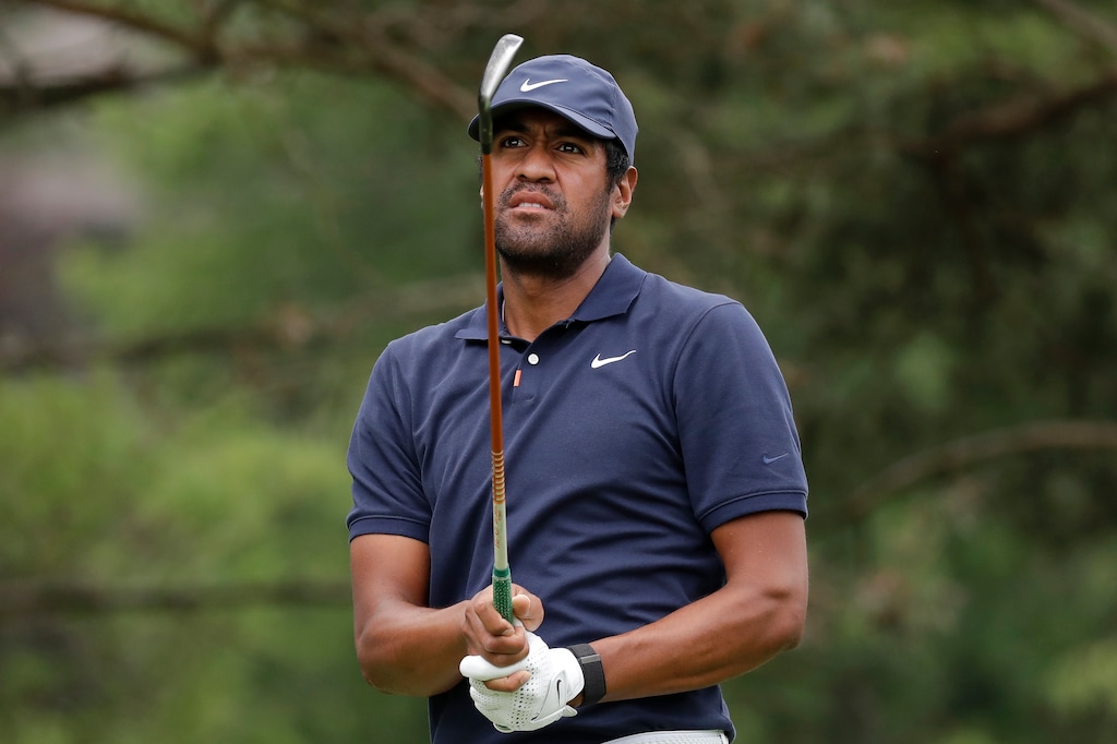 Tony Finau hits from the second tee during the first round of the Memorial golf tournament, Thursday, July 16, 2020, in Dublin, Ohio. (AP Photo/Darron Cummings)
