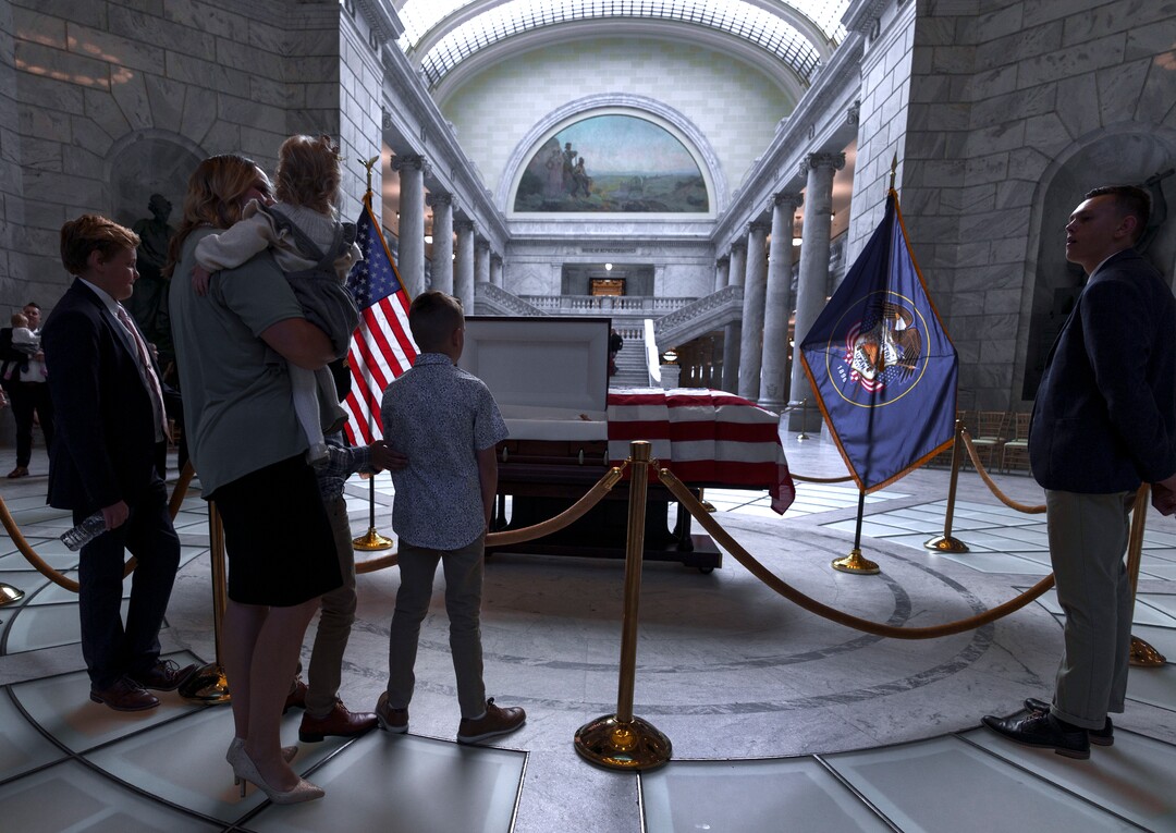 (Leah Hogsten | The Salt Lake Tribune)  Friends and family pay their respects to former U.S. Sen. Orrin Hatch during a public viewing at the Utah Capitol on Wednesday, May 4, 2022.