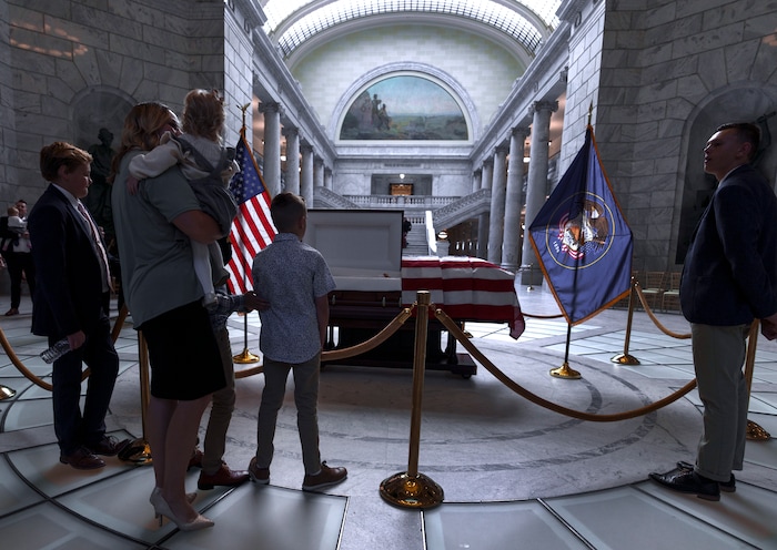 (Leah Hogsten | The Salt Lake Tribune)  Friends and family pay their respects to former U.S. Sen. Orrin Hatch during a public viewing at the Utah Capitol on Wednesday, May 4, 2022.