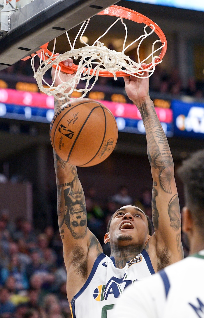 (Leah Hogsten  |  The Salt Lake Tribune)  Utah Jazz guard Jordan Clarkson (00) had 20 points in the first half. The Utah Jazz host the Houston Rockets at Vivint Arena, Feb. 22, 2020.
