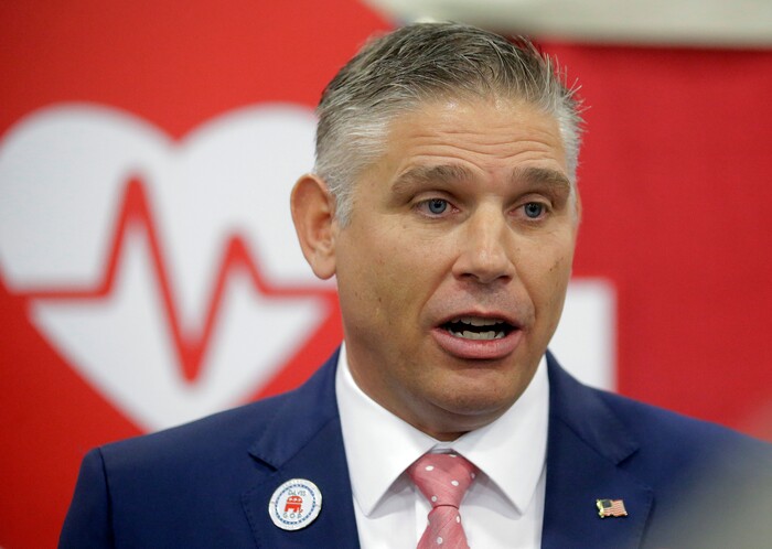 FILE - In this May 20, 2017, file photo, Utah GOP chairman Rob Anderson speaks during the Utah GOP Convention in Sandy, Utah. Anderson was elected as the new chairman of the Utah Republican Party. Utah's Republican Party is pressing on with a legal battle that's divided the state GOP and will argue before a Denver-based appeals court Monday, Sept. 25, 2017, that a state candidate nominating law violates its rights. (AP Photo/Rick Bowmer, File)