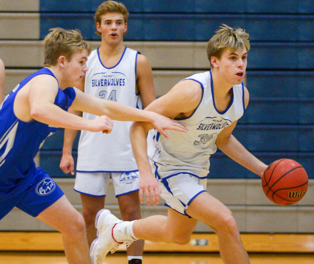 (Leah Hogsten | The Salt Lake Tribune) Fremont's Dallin Hall drives down the court. Fremont High School boys' basketball team practices, Jan. 2, 2020. Fremont is undefeated on the season and with nine of their 12 players being seniors, has designs on winning the state title this year.