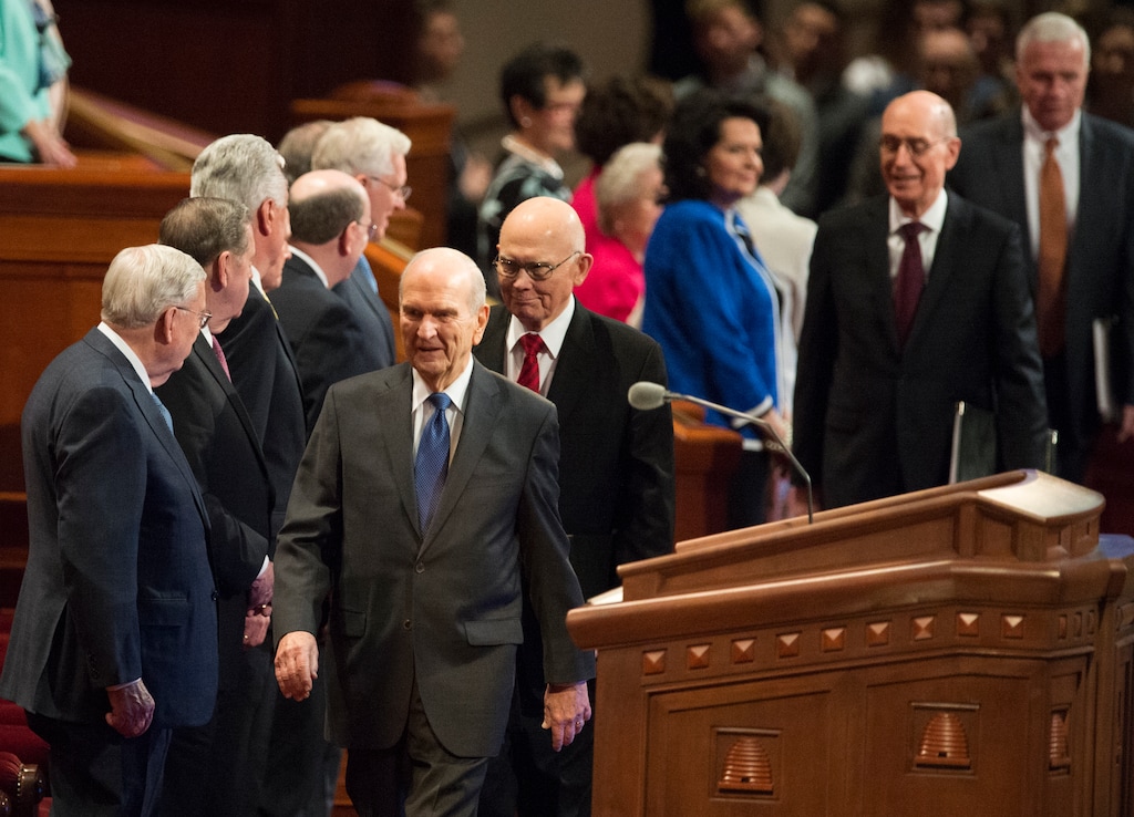(Rick Egan  |  The Salt Lake Tribune) President Russel M. Nelson makes is way to his seat, before the Saturday morning session of the 188th Annual General Conference in Salt Lake City,  Friday, March 30, 2018.
