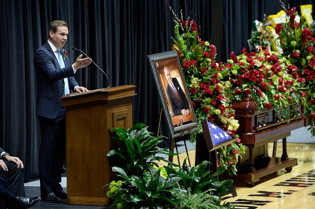 Scott Sommerdorf | The Salt Lake TribunePaul Huntsman speaks at the funeral services for his father Jon M. Huntsman, Sr., Saturday, February, 10, 2018. 