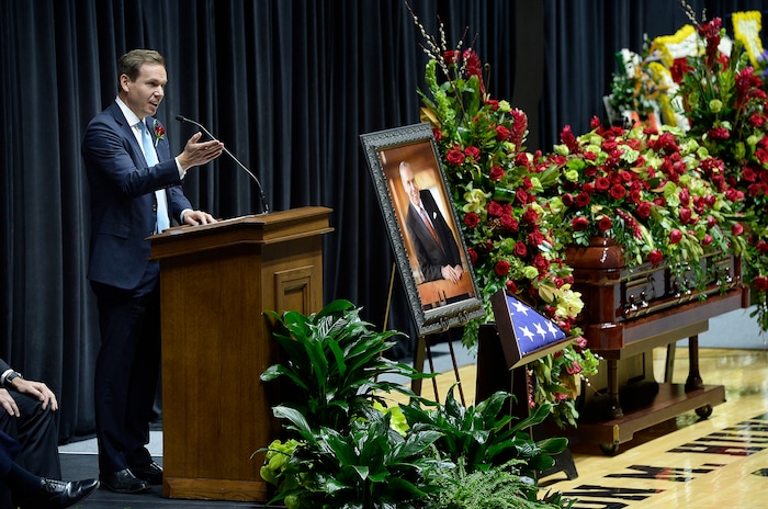 Scott Sommerdorf | The Salt Lake Tribune
Paul Huntsman speaks at the funeral services for his father Jon M. Huntsman, Sr., Saturday, February, 10, 2018. 
