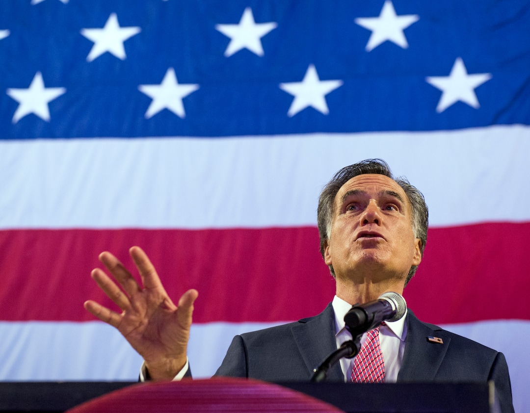 (Leah Hogsten  |  The Salt Lake Tribune) U. S. Senate candidate Mitt Romney delivers his speech to the delegates at the Utah Republican Nominating Convention Saturday, April 21, 2018 at the Maverik Center. 