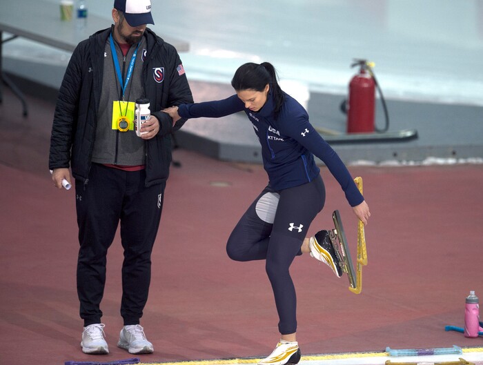 (Scott Sommerdorf | The Salt Lake Tribune)
Brittany Bowe prepares to warm up prior to her 1000 meter race on the last day of the long-track speedskating World Cup at the Kearns Olympic Oval, Sunday, December 10, 2017.