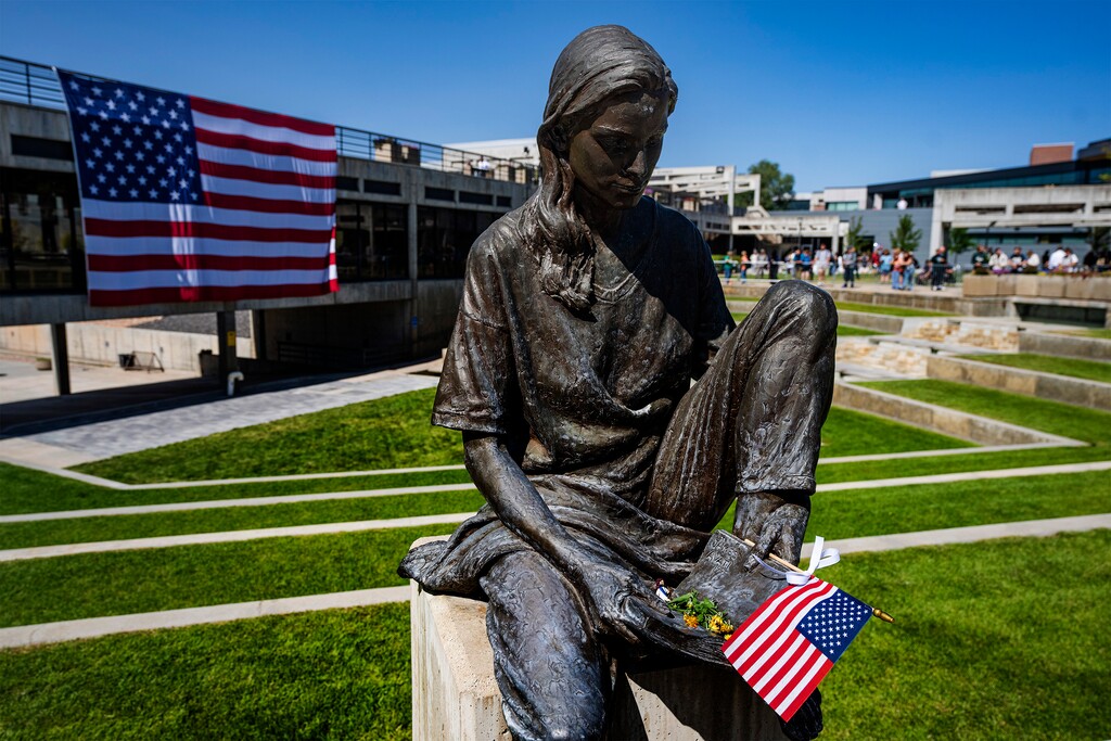 (Rick Egan | The Salt Lake Tribune) The courtyard on the Utah Valley University campus where Charlie Kirk was shot and killed is shown on Wednesday, Sept. 17, 2025.