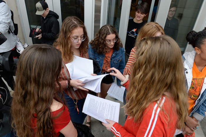 (Francisco Kjolseth  |  The Salt Lake Tribune)  West High School students organize themselves during a student walkout on Wed. March 14, 2018. Students in Utah and around the country planned the large-scale coordinated demonstration to protest gun violence and memorialize victims of last month's mass shooting at Marjory Stoneman Douglas High School in Parkland, Fla.