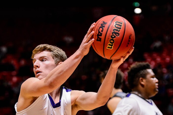 (Trent Nelson | The Salt Lake Tribune)  Box Elder vs. Corner Canyon, 5A State high school basketball tournament at the Huntsman Center in Salt Lake City, Wednesday Feb. 28, 2018. Box Elder's Conner Stevenson (11).