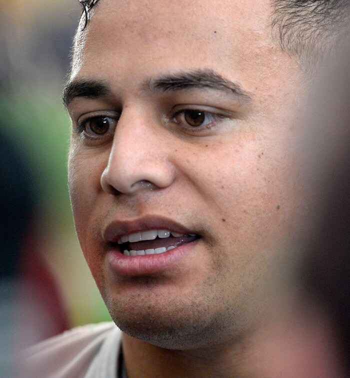 (Al Hartmann | The Salt Lake Tribune)
BYU opened spring football camp on Monday March 5 in the indoor playing facility. Linebacker Butch Pau'u speaks to the media after the first day's efforts.
