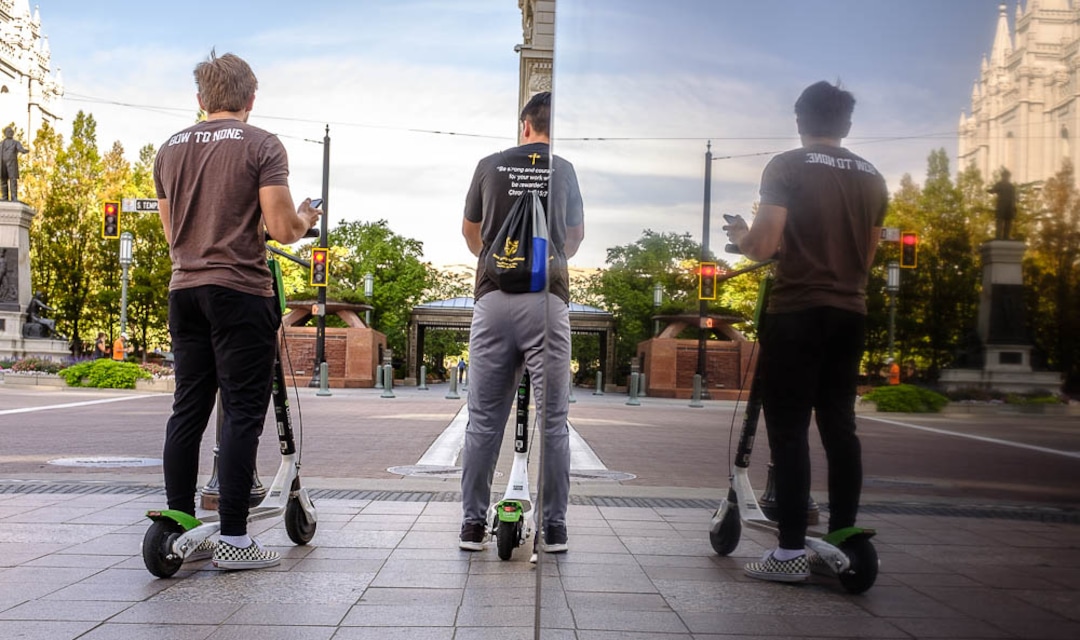 (Trent Nelson | The Salt Lake Tribune)  
Scooters have become a common sight in downtown Salt Lake City, Monday Sept. 10, 2018.