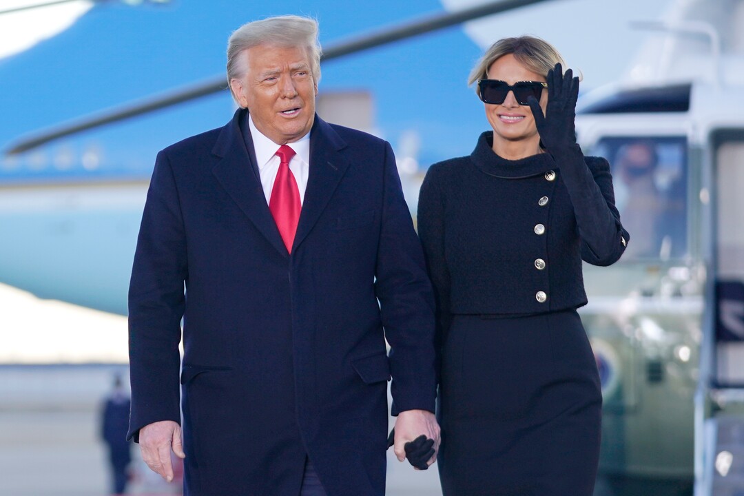 President Donald Trump and first lady Melania Trump arrive on Marine One before boarding Air Force One at Andrews Air Force Base, Md., Wednesday, Jan. 20, 2021.(AP Photo/Manuel Balce Ceneta)