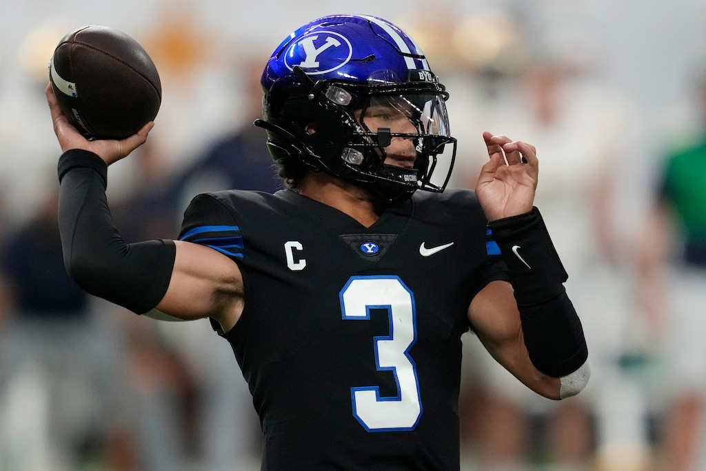 (John Locher | AP) BYU quarterback Jaren Hall (3) throws against Notre Dame during the first half of an NCAA college football game Saturday, Oct. 8, 2022, in Las Vegas.