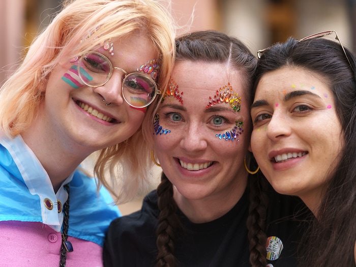 (Leah Hogsten | The Salt Lake Tribune) l-r Delaney Blake, Janae Walker and Maria Hauser at the Utah Pride Festival at Washington Square, Saturday, June 4, 2022.