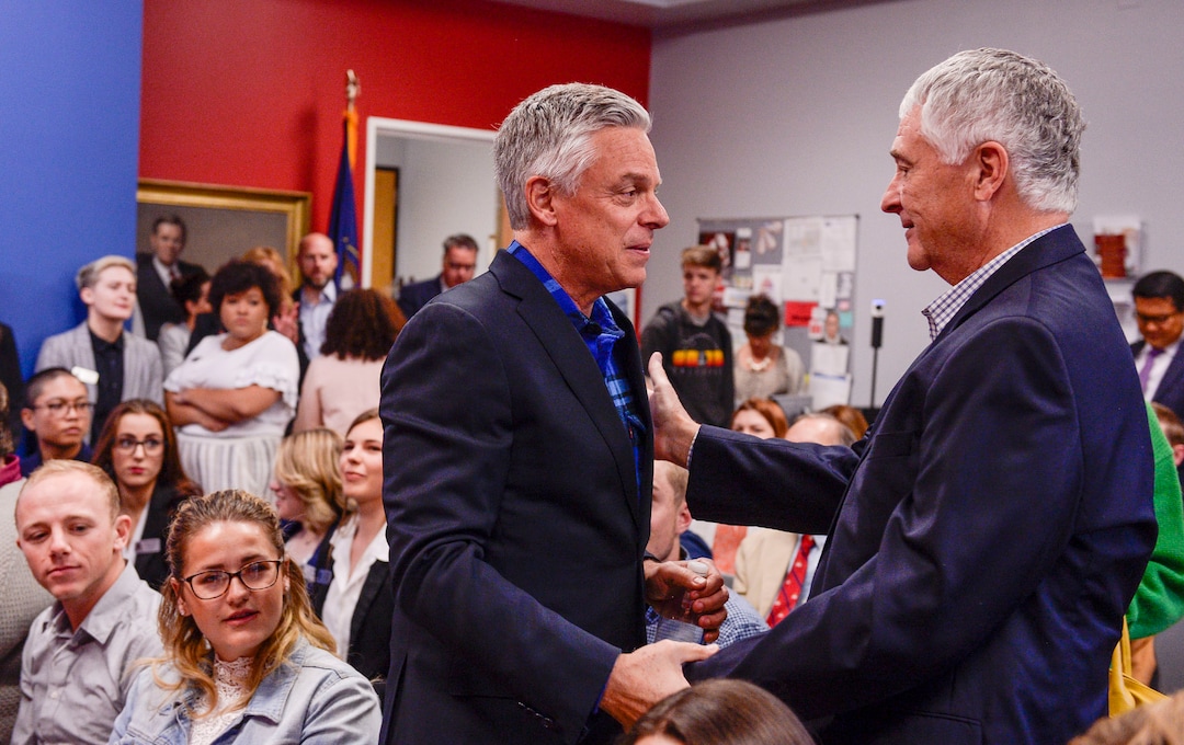 (Leah Hogsten  |  The Salt Lake Tribune) Jon Huntsman greets longtime family friend, Don Olsen prior to speaking at SUU on Thursday. The former two-term governor announced his bid for governor, Nov. 14, 2019 and fielded questions after an appearance at the Michael O. Leavitt Center for Politics and Public Service at Southern Utah University in Cedar City on Thursday.