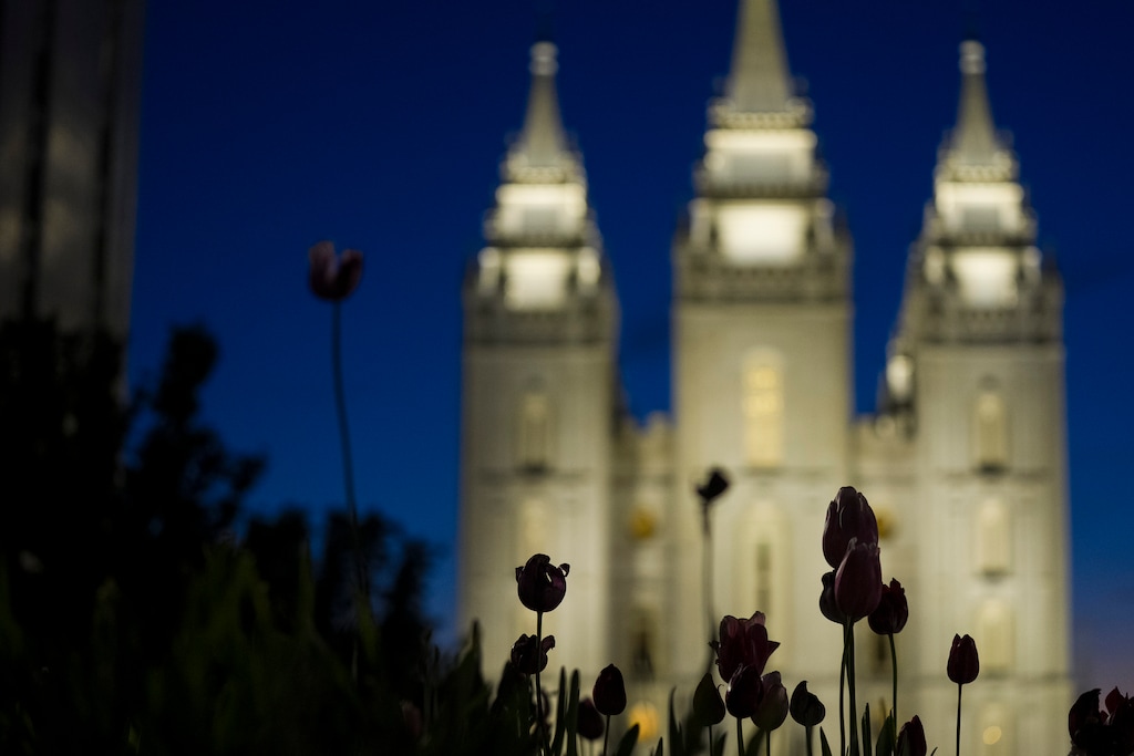 (Bethany Baker | The Salt Lake Tribune) Lights illuminate the Salt Lake Temple in Salt Lake City on Wednesday, April 29, 2026.