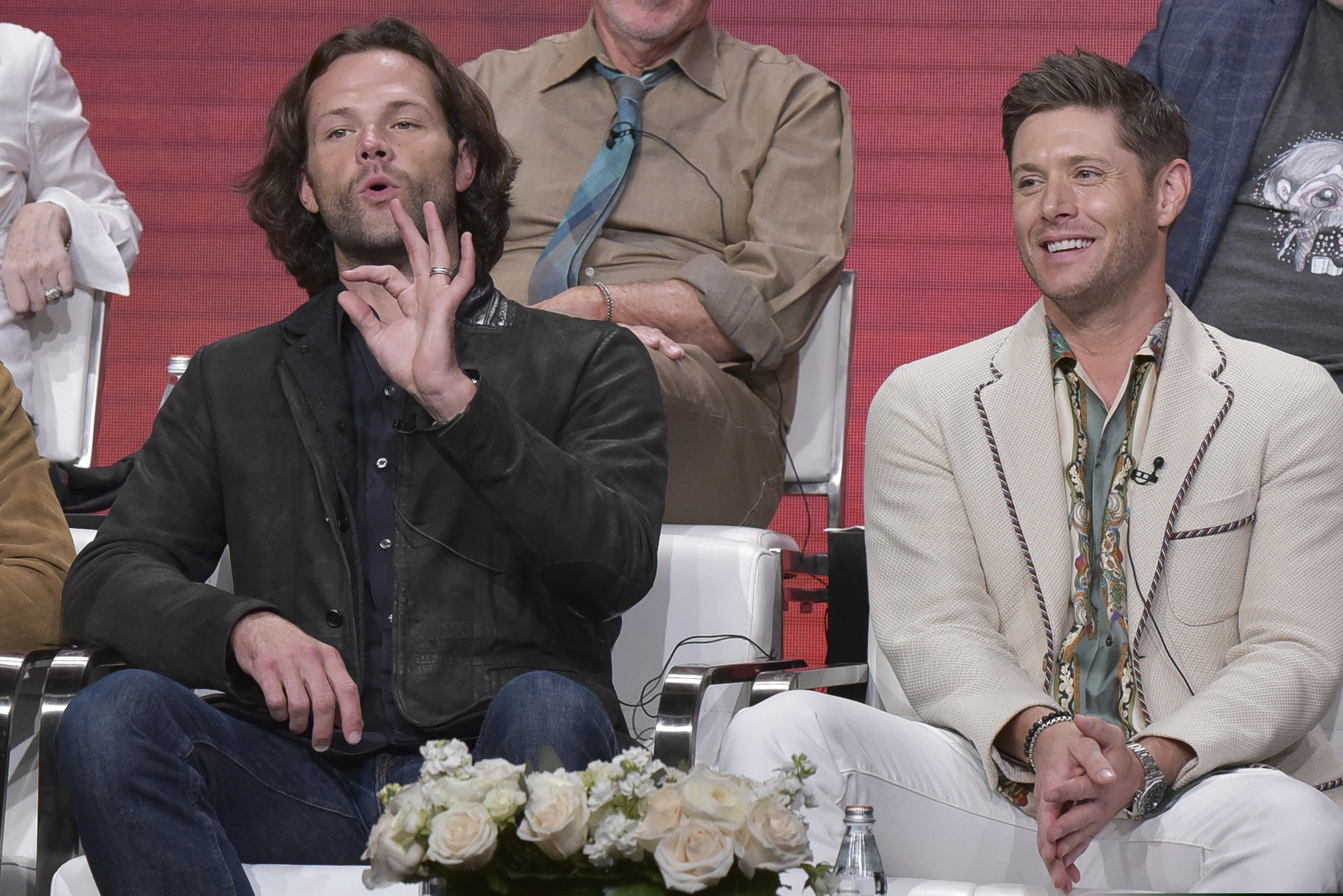 (Richard Shotwell | Invision/AP) Jared Padalecki, left, and and Jensen Ackles participate in The CW's "Supernatural: Final Season" panel during the Summer 2019 Television Critics Association Press Tour at the Beverly Hilton Hotel on Sunday, Aug. 4, 2019, in Beverly Hills, Calif.