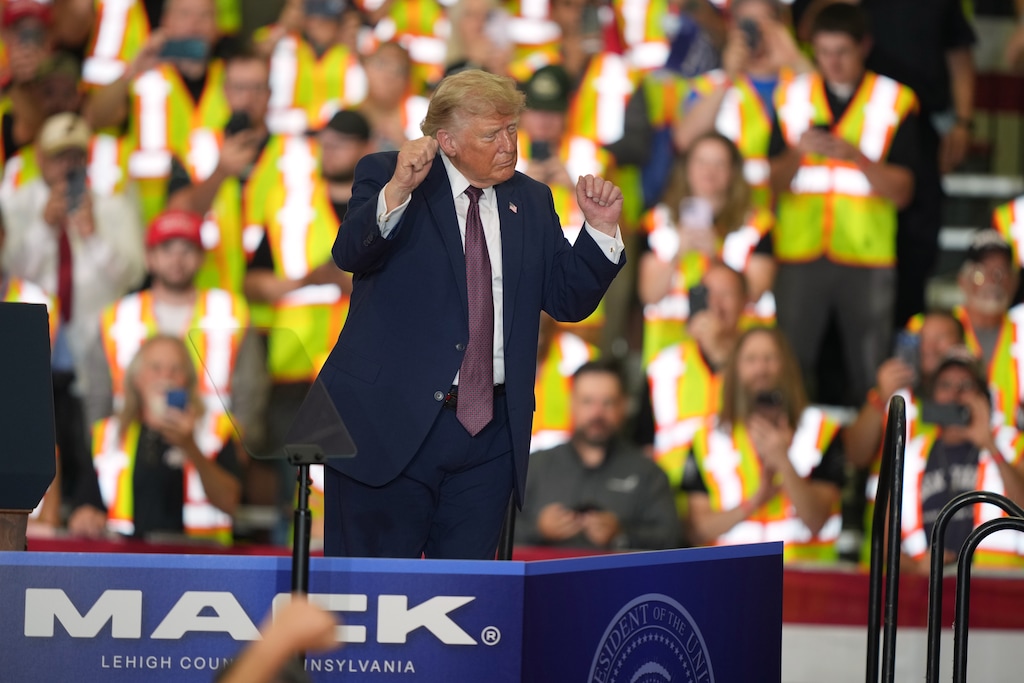 President Donald Trump gestures during a visit to the Lehigh Valley operations facility for Mack Trucks in Macungie, Pa., Tuesday, June 23, 2026. (AP Photo/Matt Rourke)