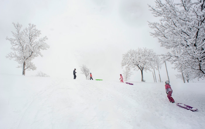 (Rick Egan  |  The Salt Lake Tribune)      
Mark Fehlberg, and his kids, Desmond, Amelia and Kashmira, pull their sleds up the hill at Popperton Park, Monday, Jan. 21, 2019.


