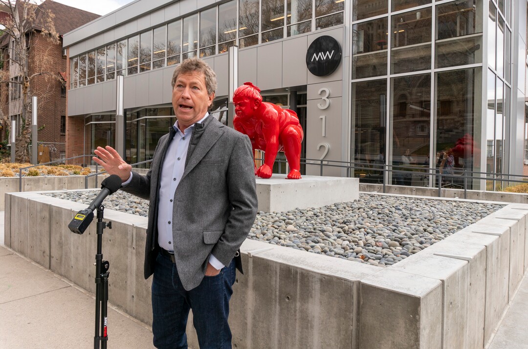 (Rick Egan | The Salt Lake Tribune)  Steve Price talks about the new art installation featuring a life-size sumo wrestler, in front of the Mountain West Commercial Real Estate building, previously the KALL Radio 910 broadcast station, on South Temple, in Salt Lake City, on Monday, March 29, 2021