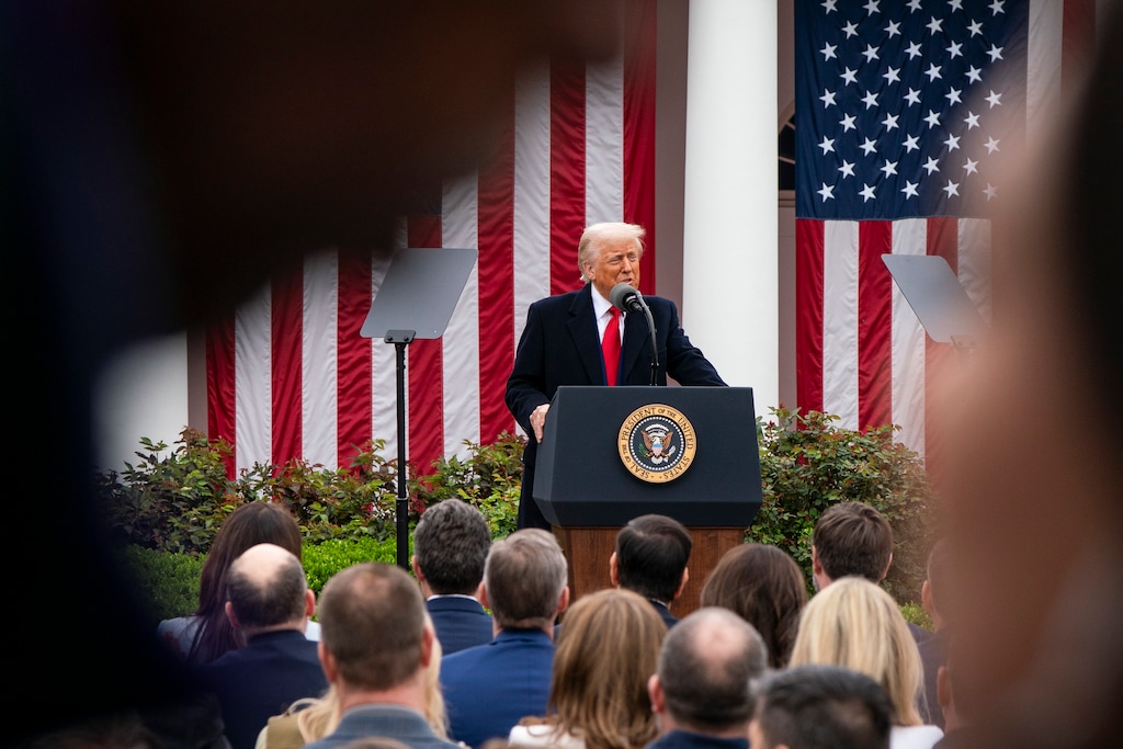 (Haiyun Jiang | The New York Times) President Donald Trump delivers remarks at an event where he announced new tariffs in the Rose Garden of the White House, in Washington, on Wednesday, April 2, 2025.