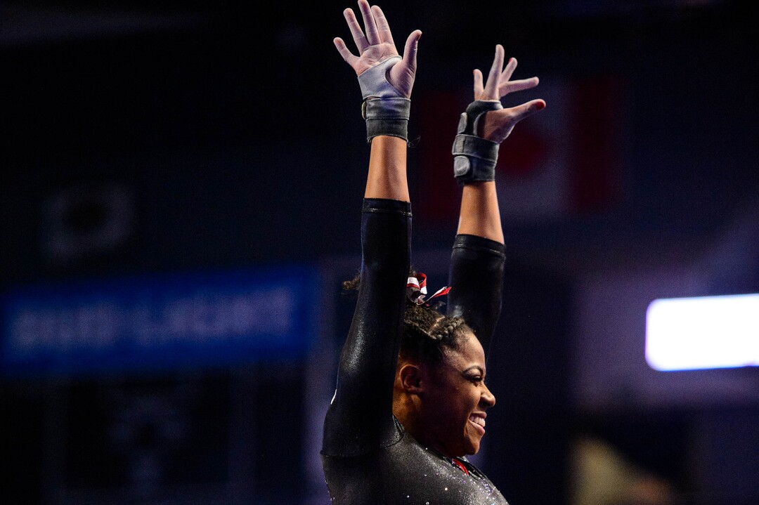 (Trent Nelson  |  The Salt Lake Tribune) Utah's Cammy Hall on the vault at the Best of Utah NCAA Gymnastics Meet in West Valley City on Saturday, Jan. 11, 2020.