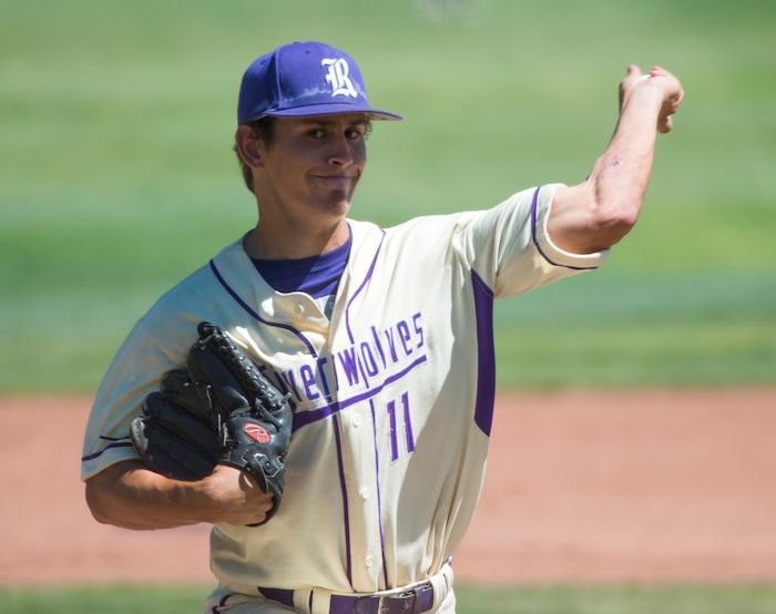 (Rick Egan  |  The Salt Lake Tribune)  Kody Nelson pitches for Riverton in 6A state baseball championship action between Riverton and Bingham, at UVU in Orem, Friday, May 25, 2018.