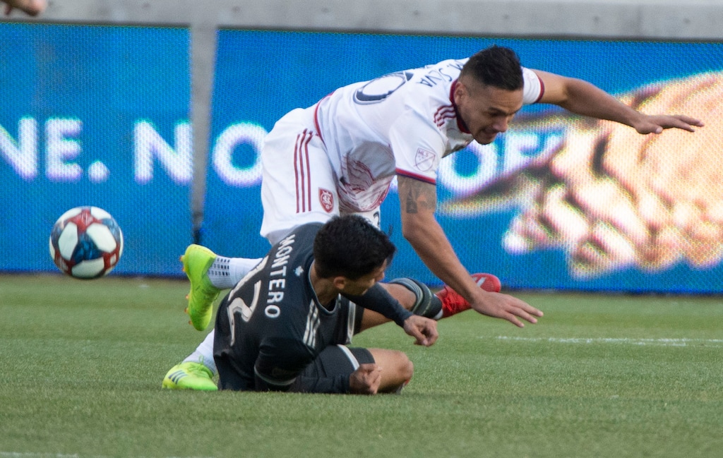 (Rick Egan  |  The Salt Lake Tribune)     Real Salt Lake defender Marcelo Silva (30) collides with Vancouver Whitecaps forward Fredy Montero (12), in MLS soccer action at Rio Tinto Stadium in Sandy, Saturday, March 9, 2019.