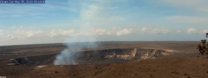 This Saturday, May 5, 2018, web image is from a research camera mounted in the observation tower at the Hawaiian Volcano Observatory in the Big Island of Hawaii, Hawaii. The camera is looking SSE towards the active vent in Halemaʻumaʻu, 1.9 km (1.2 miles) from the webcam. For scale, Halemaʻumaʻu is approximately 1 km (0.6 mi) across and about 85 m (~280 ft) deep. (U.S. Geological Survey via AP)
