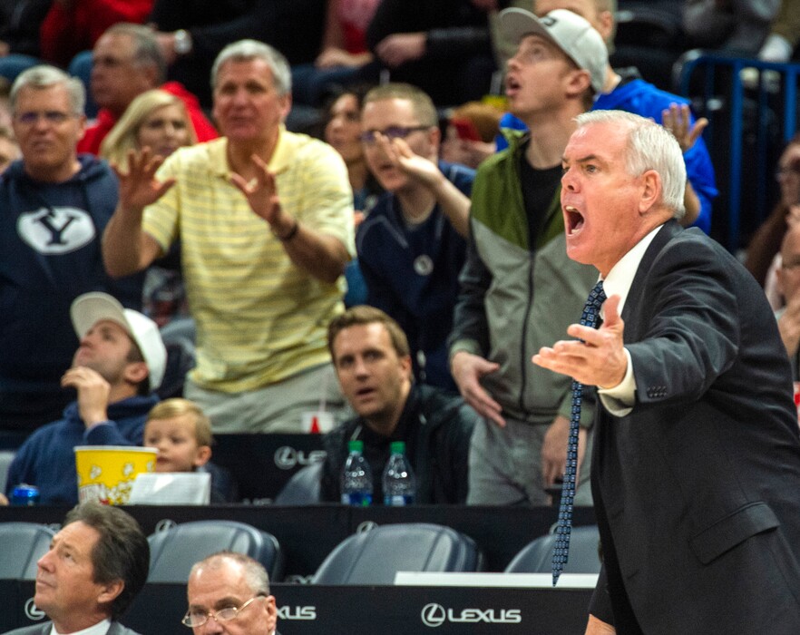 (Rick Egan  |  The Salt Lake Tribune)   Utah Brigham Young Cougars head coach Dave Rose yells at the official, in basketball action in the Beehive Classic, between against the Brigham Young Cougars and Utah Utes, a the Vivint Smart Home Arena, Saturday December 8, 2018.