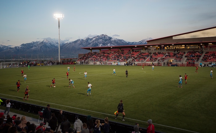 (Rick Egan  |  The Salt Lake Tribune)      The Real Monarchs play the Las Vegas Lights FC at the new Zions Bank Stadium in, Herriman, Monday, April 30, 2018.



