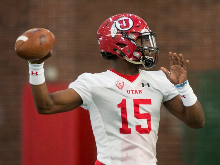 (Rick Egan  |  The Salt Lake Tribune)    Redshirt freshman quarterback Jason Shelley works out on the first day of Spring practice, Monday, March 5, 2018.


