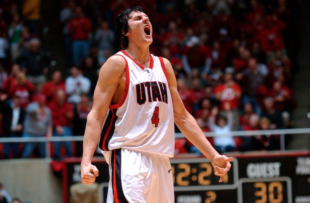 (Rick Egan | The Salt Lake Tribune) Andrew Bogut reacts after a big basket for the Utes, Bogut had a career high 33 points in tonights game, Utes vs Colorado State, Saturday night at the Huntsman Center on Saturday, Feb. 12, 2005.