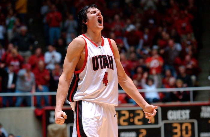 (Rick Egan | The Salt Lake Tribune) Andrew Bogut reacts after a big basket for the Utes, Bogut had a career high 33 points in tonights game, Utes vs Colorado State, Saturday night at the Huntsman Center on Saturday, Feb. 12, 2005.
