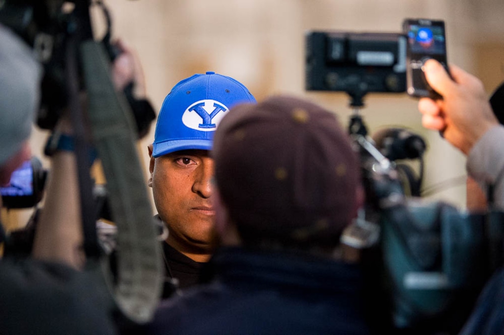 (Trent Nelson | The Salt Lake Tribune)  BYU football practice in Provo, Friday March 23, 2018. BYU football coach Kalani Sitake.