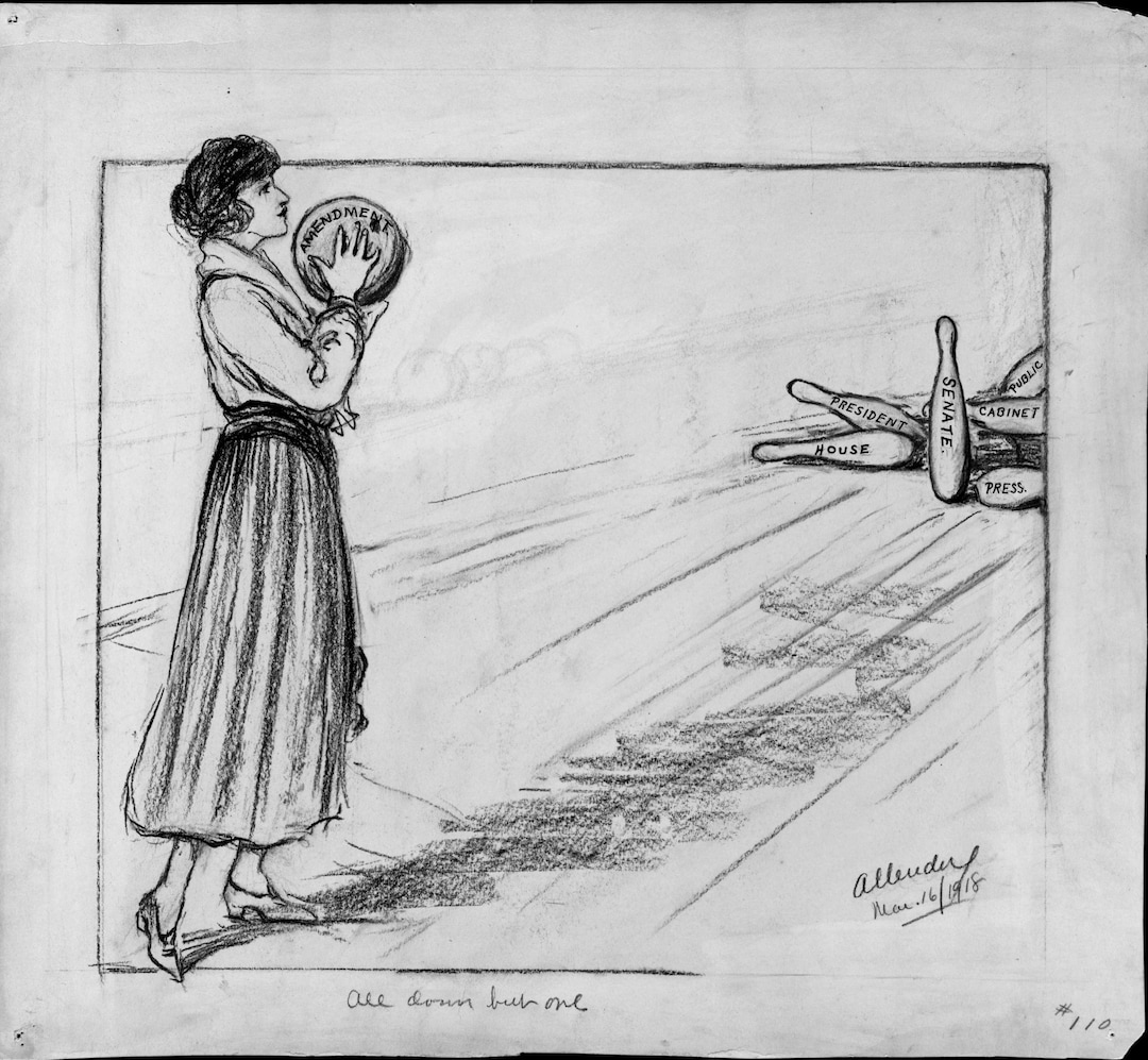 (Courtesy of National Woman's Party) In this 1918 cartoon, Allender showed that the suffrage amendment only needed to knock down its final pin, the Senate.