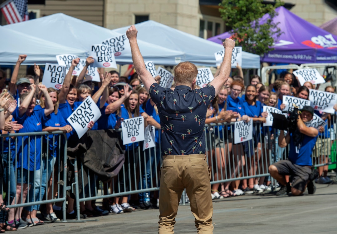 (Rick Egan  |  The Salt Lake Tribune)      Jesse Tyler Ferguson get the crowd going while filming an episode for the TV show "Extreme Makeover: Home Edition" in Ogden, Thursday, Aug. 15, 2019.