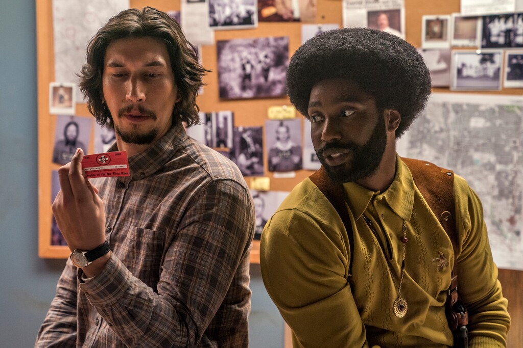 (David Lee | Focus Features via AP) Adam Driver, left, and John David Washington act in a scene from the Oscar-winning film "BlacKkKlansman," which will be shown at the SLFS Studio Backlot Motor Cinema on June 12.