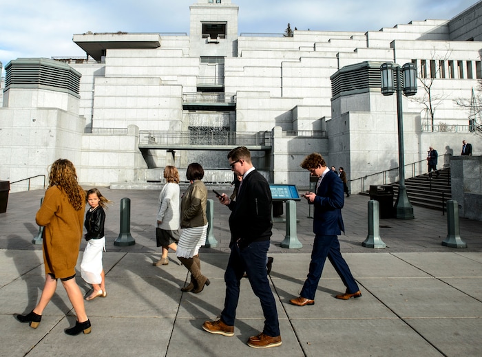 (Steve Griffin  |  The Salt Lake Tribune) Mourners leave the Conference Center after paying their last respects to LDS Church President Thomas S. Monson during a public viewing in Salt Lake City Thursday January 11, 2018.