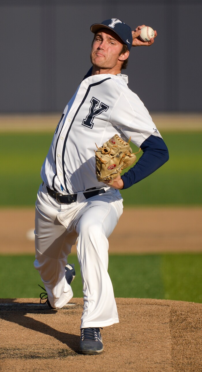 (Leah Hogsten  |  The Salt Lake Tribune) BYU pitcher Kendall Motes as Brigham Young University hosts University of Utah at Miller Park, Tuesday, April 24, 2018 in Provo.