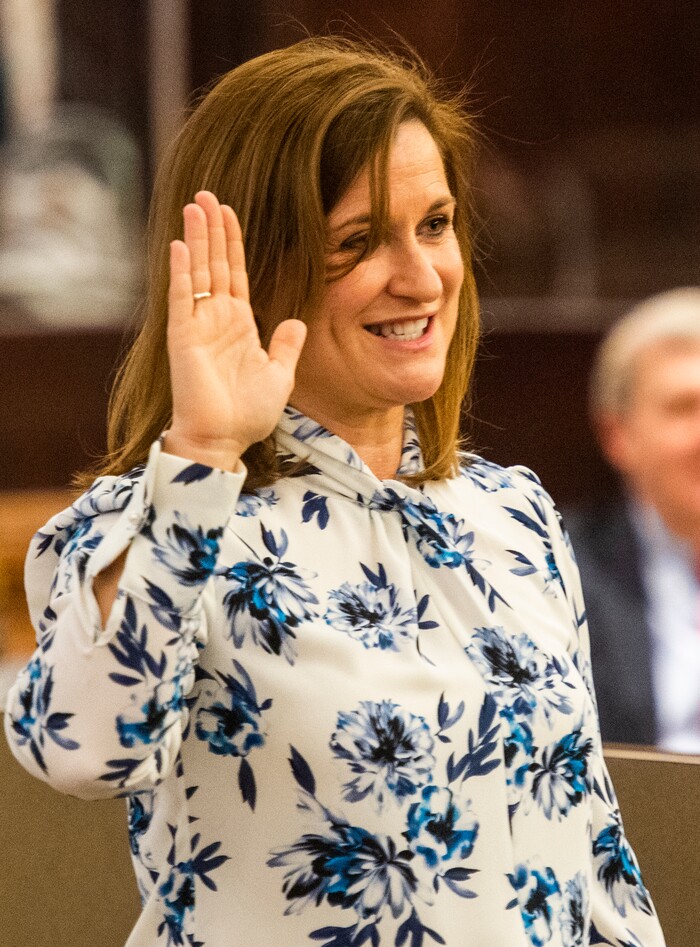 (Rick Egan  |  The Salt Lake Tribune)     Jenny Wilson is sworn in as the new Salt Lake County Mayor by Salt Lake County Clerk, Sherrie Swensen, Tuesday, Jan. 29, 2019.
