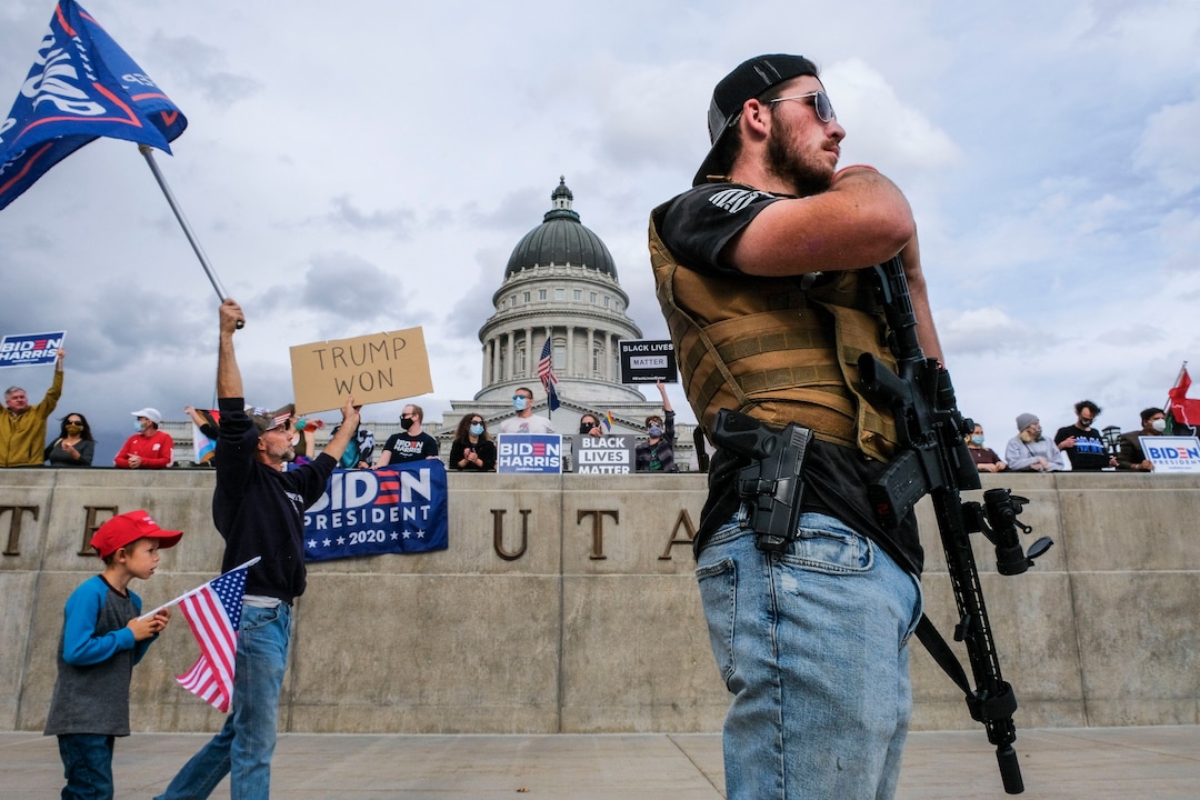 (Leah Hogsten  |  The Salt Lake Tribune) As news broke of former Vice President Joe Biden earning enough Electoral College votes to secure the presidency Saturday, Trump protesters took to the Capitol to denounce the win.