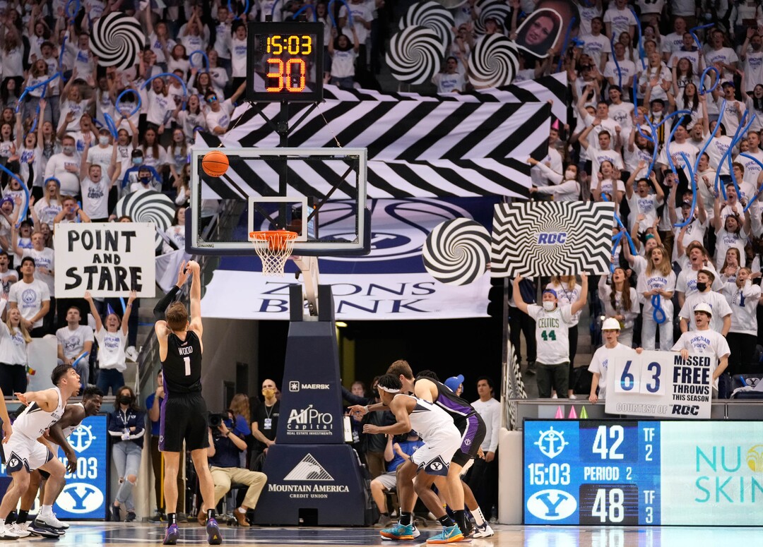 (Francisco Kjolseth | The Salt Lake Tribune) The BYU student section does their best to distract Portland during their game at the Marriott Center, on Saturday, January 22, 2022.