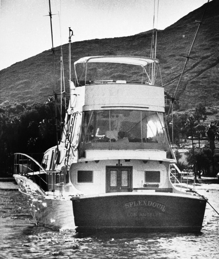 FILE - This Nov. 29, 1981 file photo, the 55-foot yacht "Splendour," belonging to actor Robert Wagner and his wife, actress Natalie Wood, sits in the waters at Avalon, Calif., on Santa Catalina Island, near where rescuers found the body of Wood, an apparent drowning victim. Investigators are now calling Wagner a "person of interest" in the 1981 death of Wood. Mystery has swirled around Wood's death. It was declared an accident but police reopened the case in 2011 to see whether Wagner or anyone else played a role (AP Photo/Paul J. Harrington, File)