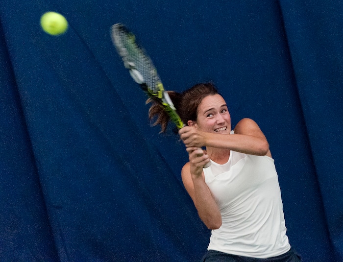 Michael Mangum  |  Special to the TribuneRowland Hall's Katie Foley hits a backhand shot during the Utah high school state tennis finals at the Salt Lake Tennis & Health Club in Salt Lake City on Saturday, September 30, 2017. Foley defeated Waterford's Sophie Christensen for the 3A 1st singles state championship.