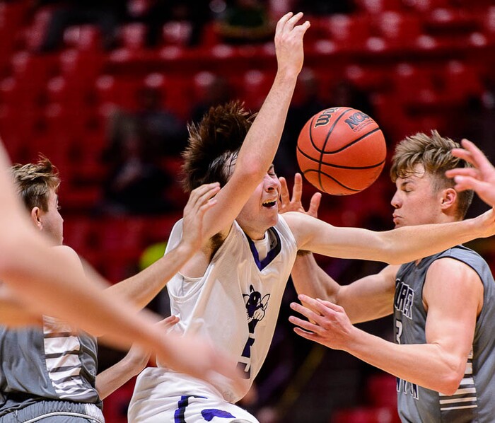 (Trent Nelson | The Salt Lake Tribune)  Box Elder vs. Corner Canyon, 5A State high school basketball tournament at the Huntsman Center in Salt Lake City, Wednesday Feb. 28, 2018. Box Elder's Cameron Saunders (5) loses the ball.