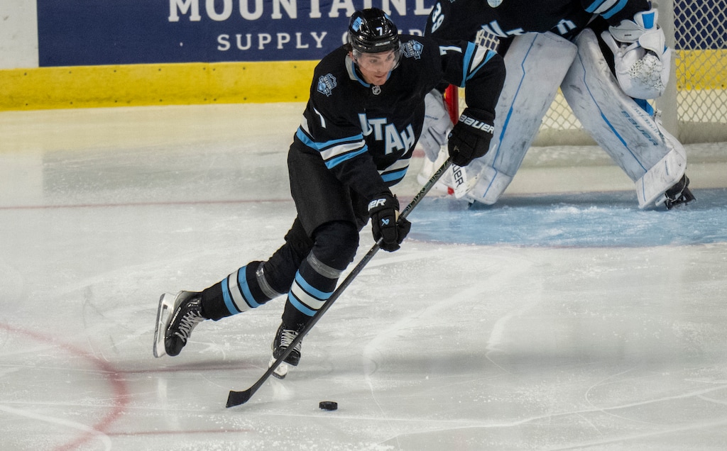 (Rick Egan | The Salt Lake Tribune) Michael Kesselring (7), in NHL preseason action between the Utah Hockey Club and the Colorado Avalanche, at the Maverick Center, on Saturday Oct. 5, 2024.