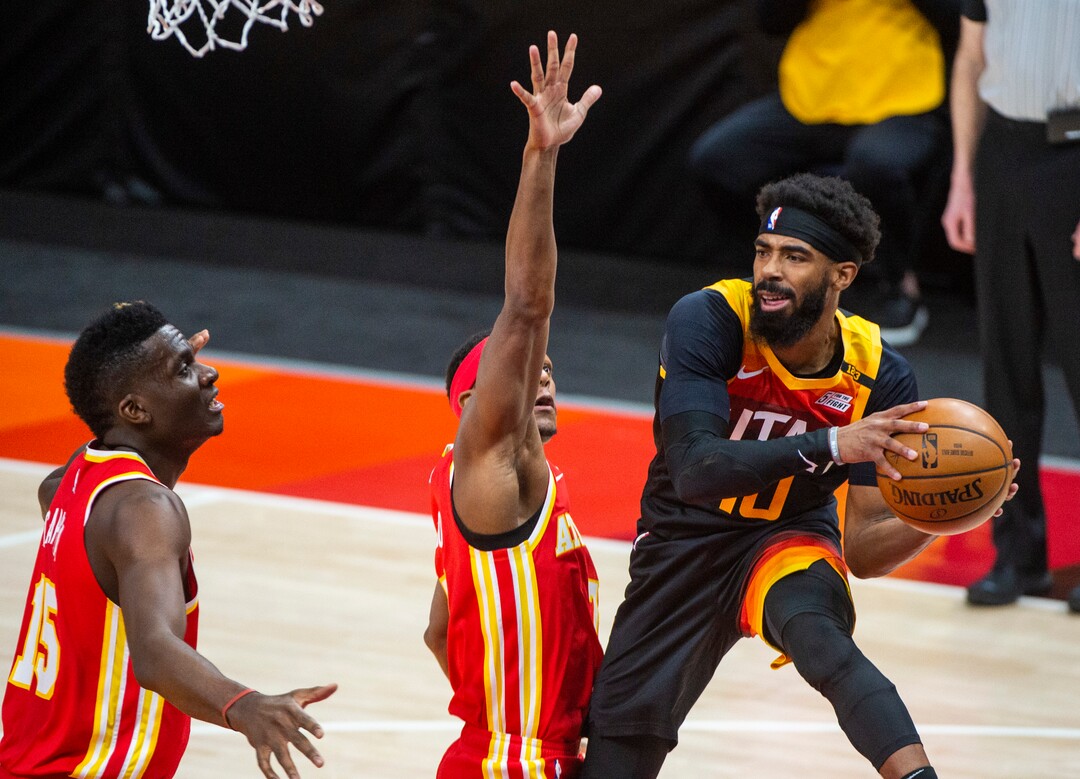 (Rick Egan | The Salt Lake Tribune) looks to pass, in NBA action between the Utah Jazz and the Atlanta Hawks at Vivint Arena, on Friday, Jan. 15, 2021.,
